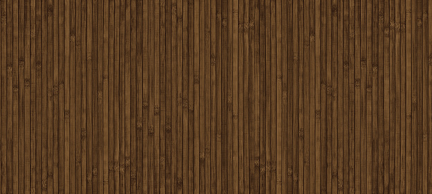 Dark brown wooden surface widescreen texture. Natural bamboo backdrop. Wood slat wall large background
