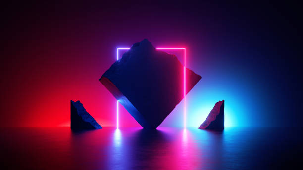 istock 3d render, abstract neon background, stone ruins and square geometric shape. Trendy wallpaper 1406715338