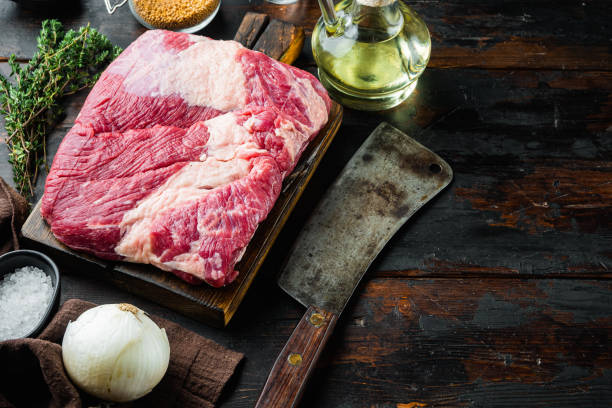 istock Point brisket, raw beef brisket meat,with ingredients for smoking  making  barbecue, pastrami, cure, on old dark  wooden table background,  with copy space for text 1406715734