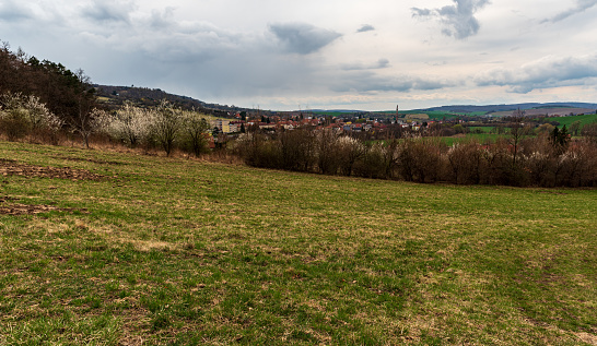 Korycany town with smaller hills of Chriby and Zdanicky les mountains around in Czech republic