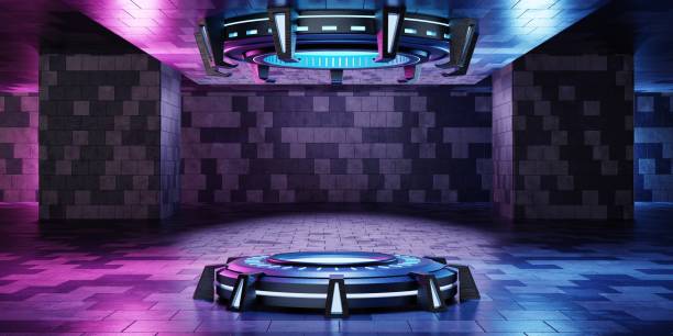 istock Inside spaceship laboratory with empty podium interior architecture with glowing neon for cyberpunk product presentation. Technology and Sci-fi concept. 3D illustration rendering 1406716335