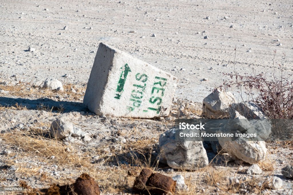 Rest Stop Sign at Etosha National Park in Kunene Region, Namibia Abandoned Stock Photo