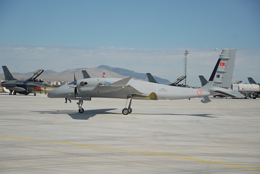 Konya, Turkey – June 30, 2022: Bayraktar Akıncı (TIHA) (Assault Unmanned Aerial Vehicle) participated in the Anatolian Eagle Training 2022 Exercise for the first time.
