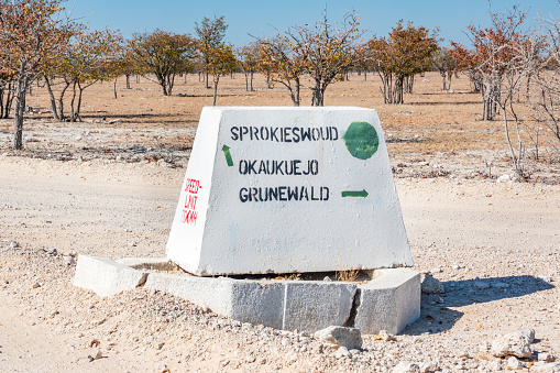 Road Sign to Sprokieswoud (Fairy Tale Forest) at Etosha National Park in Kunene Region, Namibia