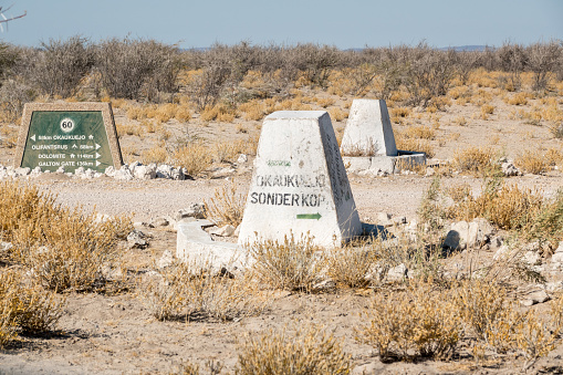 Road Sign to Sonderkop (Afrikaans for ‘headless’ at Etosha National Park in Kunene Region, Namibia