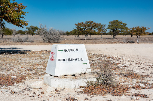 Road Sign to Okaukuejo Camp in Etosha National Park at Kunene Region, Namibia