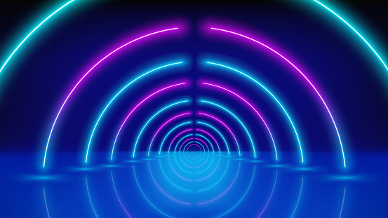 Glowing neon lines, tunnel, led stage. Abstract technological background, virtual reality. Pink blue purple neon corridor of circles, perspective. Ultraviolet bright glow. Vector illustration