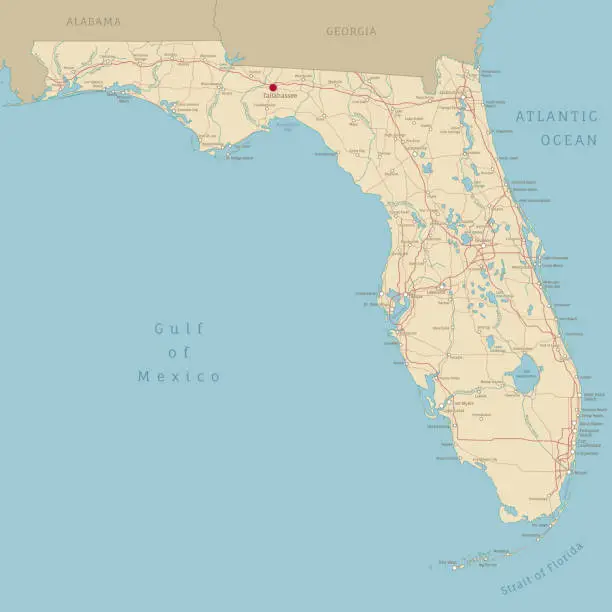 Vector illustration of Road map of Florida, US American federal state