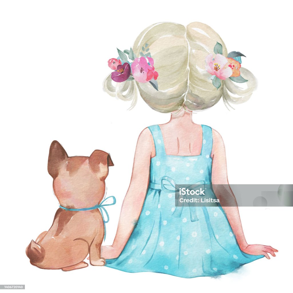 Watercolour Illustration Of The Cute Blond Girl Sitting With ...