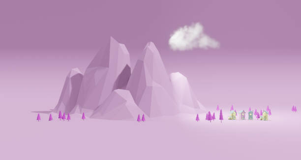 3d rendering of cute candy colored houses with pink trees and low poly mountains and negative space for copy.