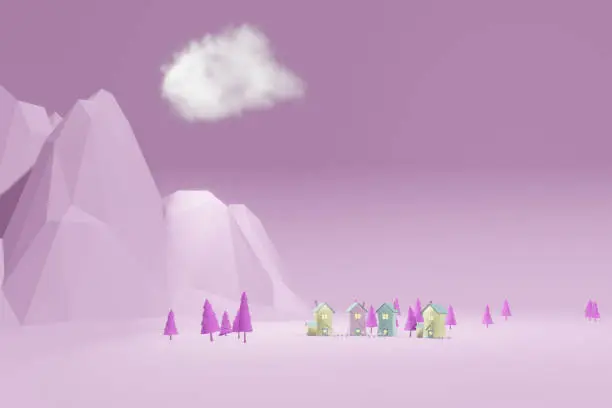 Photo of 3d rendering of cute candy colored houses with pink trees and low poly mountains and negative space for copy.