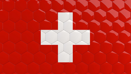 Abstract Swiss Flag Hexagon Background honeycomb glossy reflective mosaic tiles 3D Render
