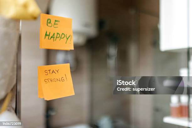 A Little Morning Motivation Stock Photo - Download Image Now - Mirror - Object, Adhesive Note, Self-love