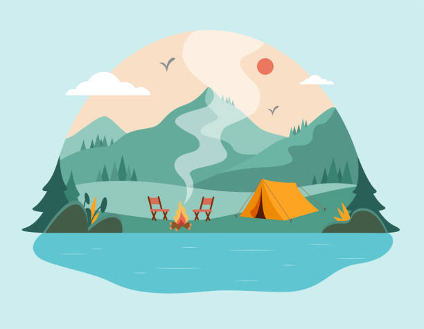 캠핑 컨셉 아트. - tent camping lifestyles break stock illustrations