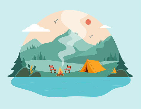 Flat style illustration of beautiful landscape, lake, mountains, forest, tent, and a campfire. Design for banner, poster, website, emblem, logo and others.