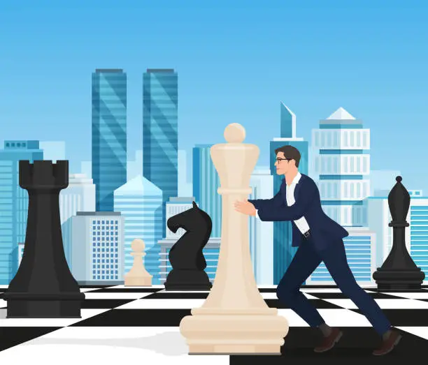 Vector illustration of Chess strategy and tactics of business competition, career planning of businessman