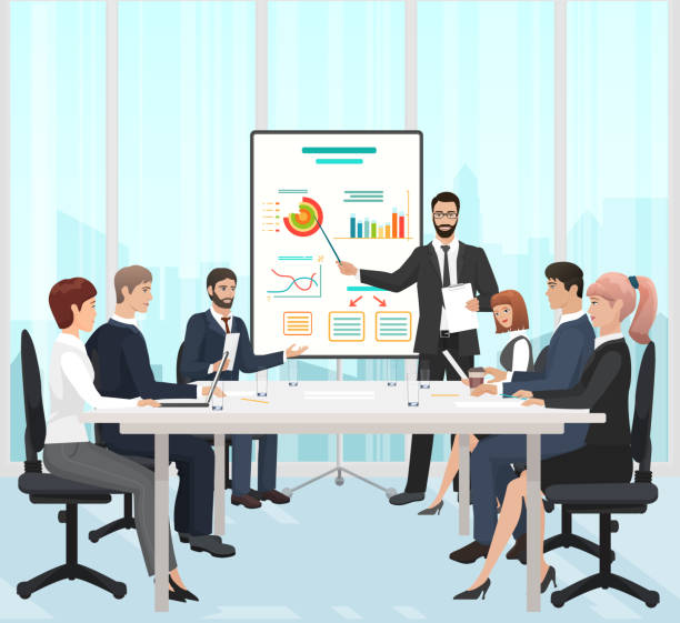 ilustrações, clipart, desenhos animados e ícones de reunião de empresários em conferência na sala do conselho, treinamento de gerentes com líder - cartoon business meeting training