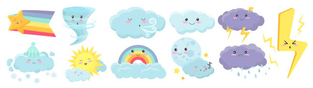 귀여운 날씨 요소, 아기 기상학 세트, 재미있는 얼굴을 가진 카와이 비 구름 캐릭터 - rain sun sunlight cloud stock illustrations