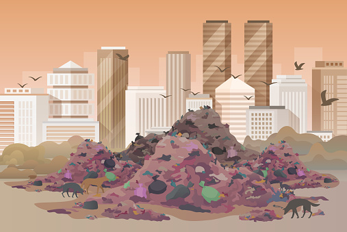 City dump, wasteland vector illustration. Cartoon polluted urban skyline and landfill with mixed pile of old debris, plastic and paper garbage background. Environment contamination, ecology concept
