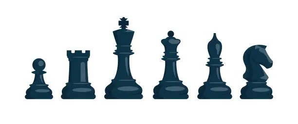 Vector illustration of Chess. Set of black chess pieces. Knight, rook, pawn, bishop, king, queen.