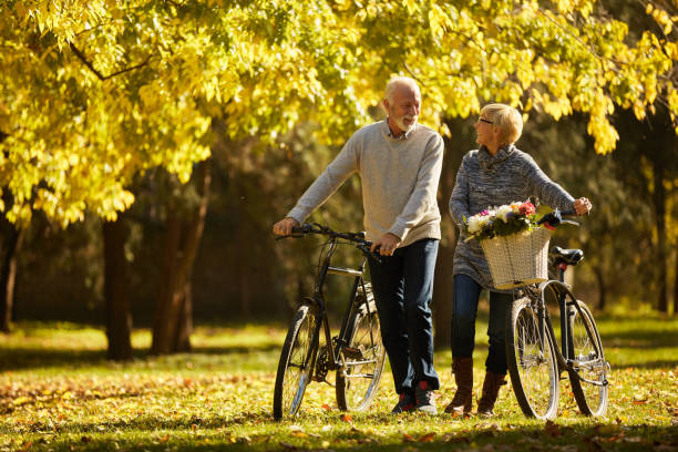 Senior couple with the bicycles in the park stock photo