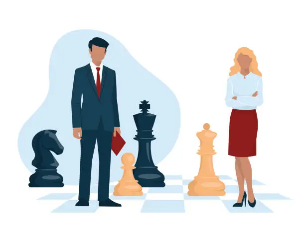 Vector illustration of Strategy. Business people and chess stand on a chessboard. Man and woman in business suits. Office staff, worker, student, teacher.