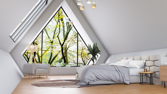 Modern Triangle Shaped Bedroom Design. 3D Render