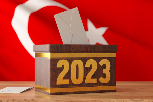 2023 Turkey Electrions Concept with a Wooden Ballot Box and Turkish Flag
