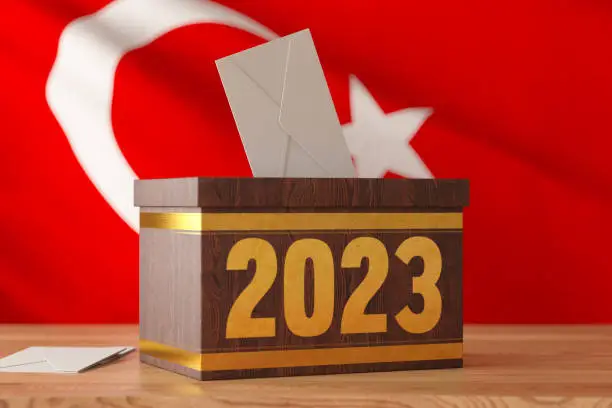 Photo of 2023 Turkey Electrions Concept with a Wooden Ballot Box and Turkish Flag