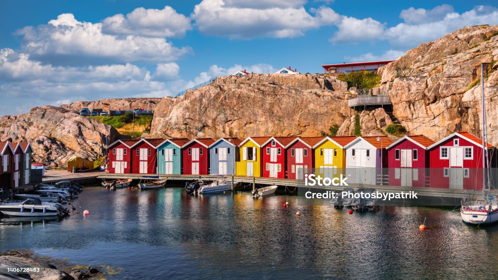 Colorful fishing huts in Smögen on the Swedish West Coast. Colorful fishing huts in Smogen on the Swedish West Coast. Bohuslan Stock Photo