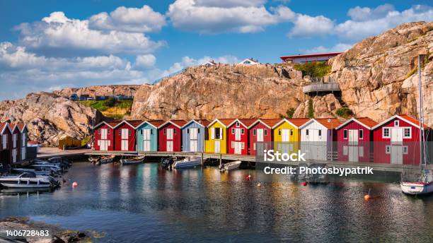 Colorful Fishing Huts In Smögen On The Swedish West Coast Stock Photo - Download Image Now