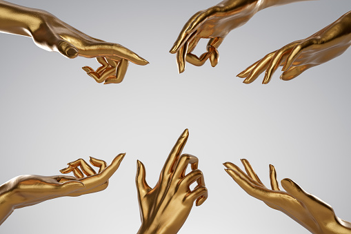 Lots of golden human hands with different gestures pointing over white background. Human golden hand pointing in golden ring frame. Background for cosmetics, fashion, product show. 3D rendering