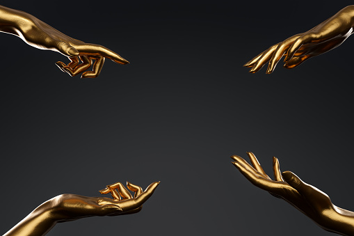 4 golden hands pointing on blank space over black background. Perfect background for your cosmetics, fashion product or jewelry. 3D rendering.