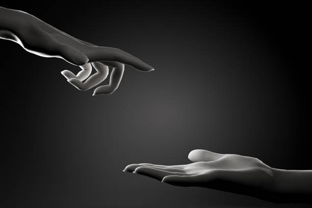 istock Two marble hands over black background reaching one another. Concept of support, care, love, protection and connection between people. 3D rendering. 1406728672