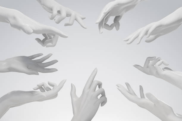 istock Lots of white marble hands pointing over white studio background. Perfect background for your cosmetics, fashion product or jewelry. 3D rendering. 1406728683