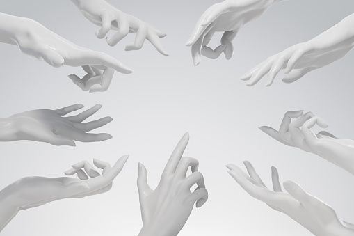 Open palms health care hands gesture, 3d rendering white painted supporting hands, female help giving arms.