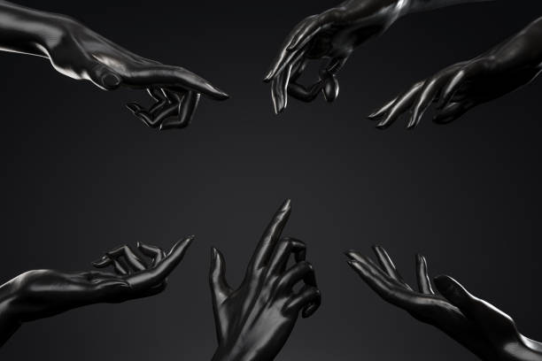 istock Black female mannequin hands pointing on black background. 3D rendering. Perfect image for product presentation or showing 1406728712