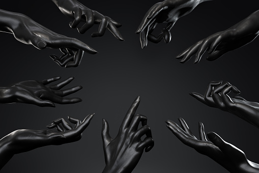 Lots of black female hands pointing on black background. 3D rendering. Perfect image for product presentation or showing