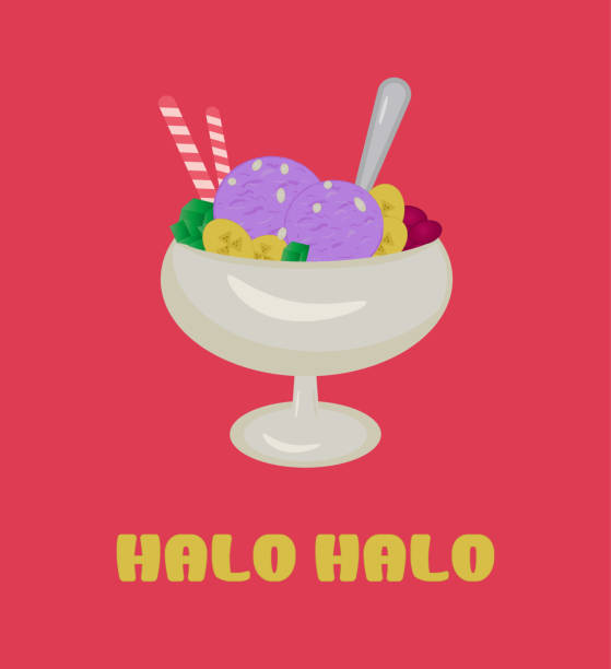 Halo Halo Philippine Cuisine, Halo Halo or Traditional Shaved Ice, Milk with Various Fruits and Beans. Icecream, on a pink background with yellow lettering Halo-halo whip cream dollop stock illustrations