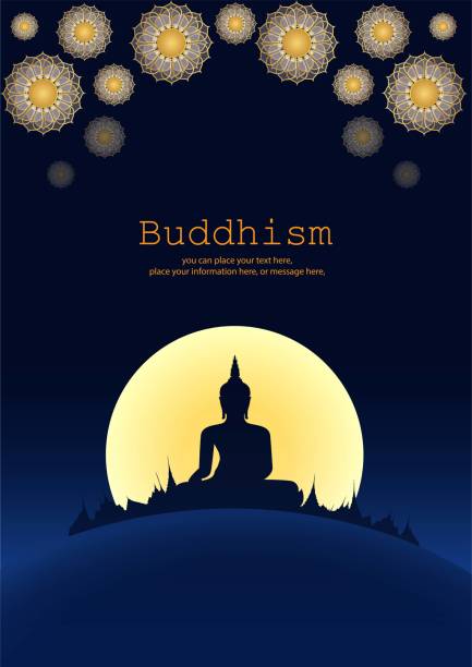 Buddha shadow sitting on moon vector background - Magha Puja, Asanha Puja, Vesak Puja Day, Buddhist holiday concept. Thailand culture vector art illustration