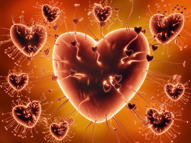 3D render of conceptual Virus of Love in form of hear-shaped molecules