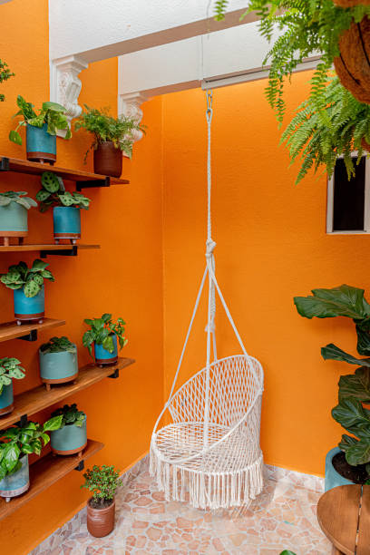 istock Garden, Orange wall with plants 1406731712