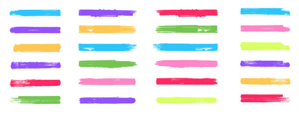 zestaw pociągnięć pędzla jest izolowany na białym tle.  zestaw plam pędzla lub trwałego pociągnięcia markerem. zaznacz linie pędzla. obrys koloru znacznika, podkreślenie ręcznie rysowane piórem pędzla. kolorowe pędzle. - highlighter felt tip pen yellow pen stock illustrations