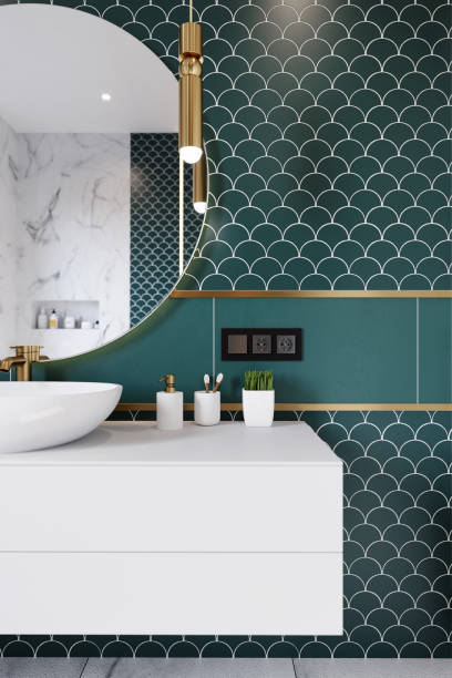canto do banheiro do hotel com paredes verdes de azulejos, espelho grande e lavabasina branca. estilo clássico. renderização 3d - elegance luxury simplicity household equipment - fotografias e filmes do acervo