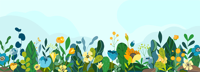 Beautiful floral background, panorama. Landscape of leaves, colorful flowers and berries. Bright spring and summer banner for cover social network, invitation, wedding, holiday. Vector illustration