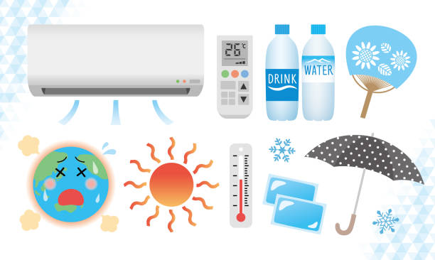 набор иконок кондиционера и теплового удара - global warming illness ice pack earth stock illustrations