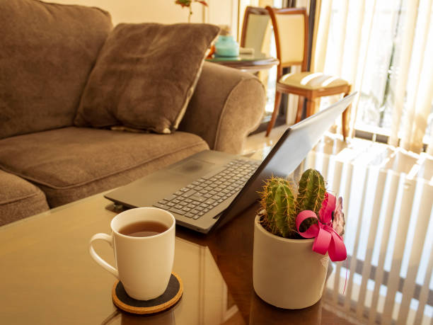istock Mug of tea, potted cactus and laptop on coffee table 1406737641