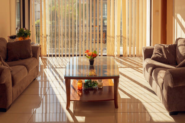 istock Sunlight through window blinds in living room 1406737763