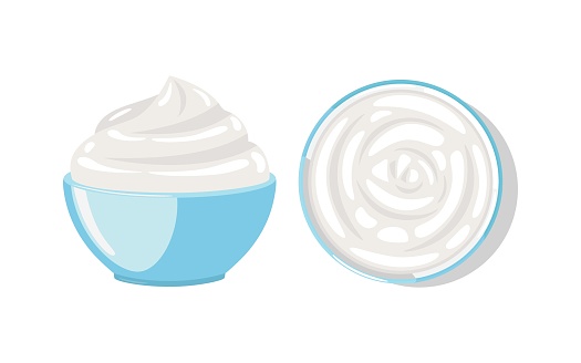 Sour cream, yogurt, sauce or whipped cream in blue ceramic bowl, top and side view, vector illustration on white background