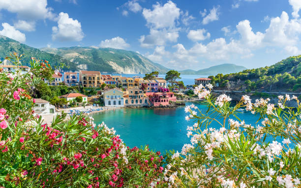 Landscape with Assos village on Kefalonia, Greece Landscape with Assos village on Kefalonia, Ionian island, Greece kefalonia stock pictures, royalty-free photos & images